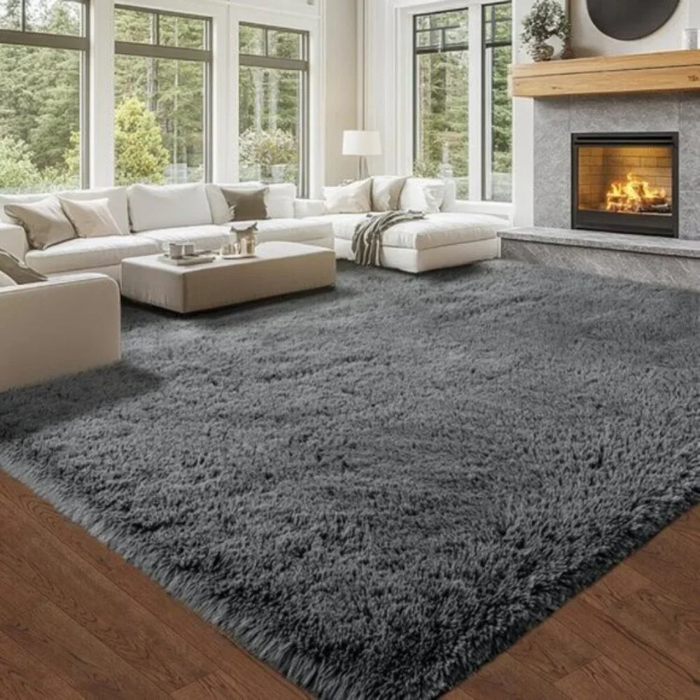 New Fluffy 8x10 Grey Area Rug, Soft Shag Carpet for Home & Bedroom Decor